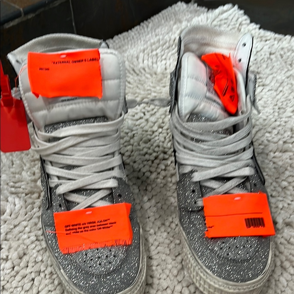 Off-White Silver and Orange Sneakers